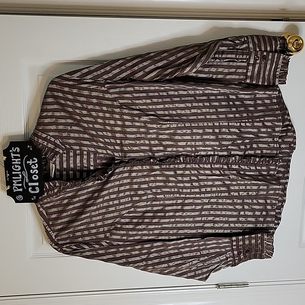 Cato Blouse 18/20W Brown Gold Silver Stripe Ruffles